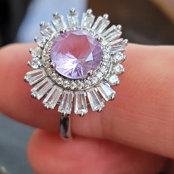 Rhodium Plated Simulated Pink Amethyst Ring - Size 7.5 - Radiant Sunburst Design - Picture 2 of 6